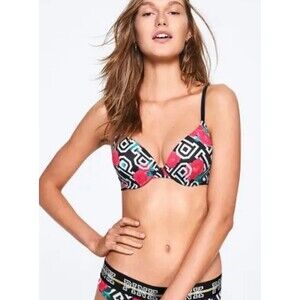 Victoria's Secret PINK Rose Size 32D Flower Push-up Bra Black Hot Pink‎ Gold